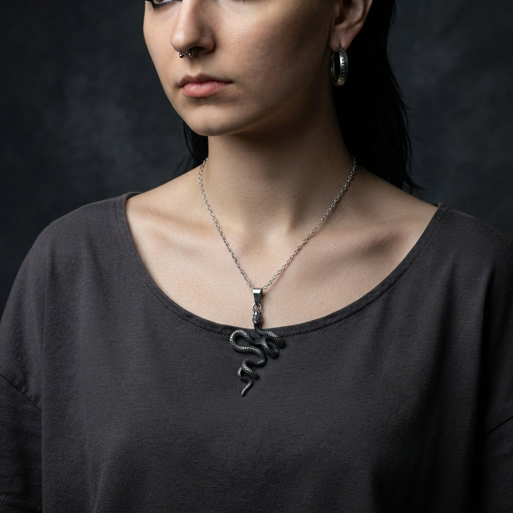 Oxidized Silver Snake Pendant Necklace