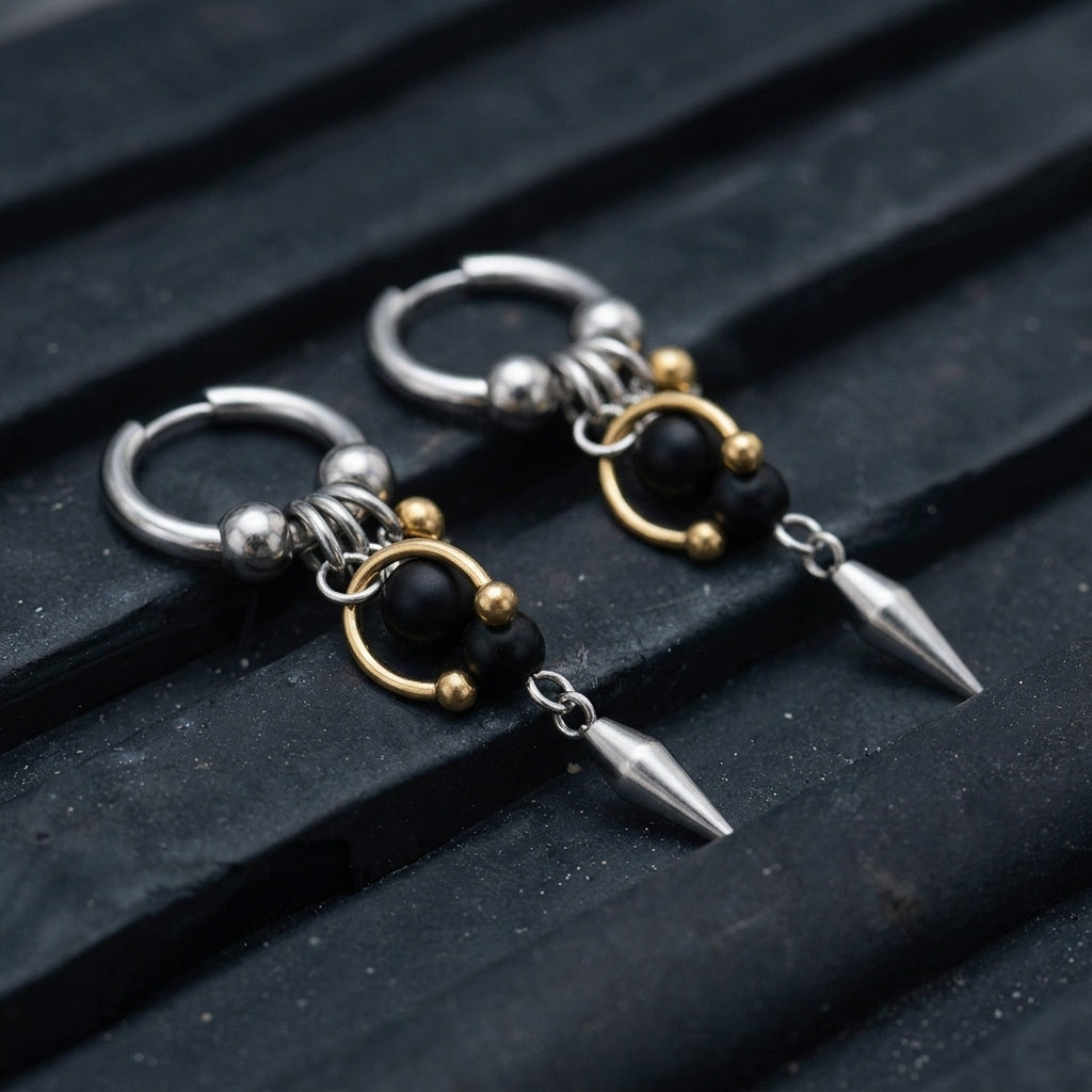 Onyx & Gold Bead Spike Earrings