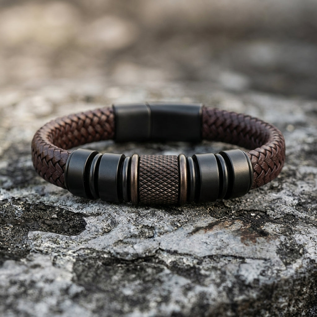 Geflochtenes Lederarmband mit strukturierten Perlen