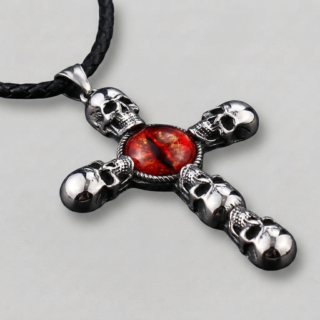 Skull Cross Necklace with Red Dragon Eye Pendant