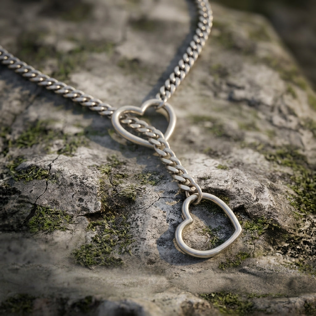 Silver Open Heart Ring Lariat Curb Chain Necklace