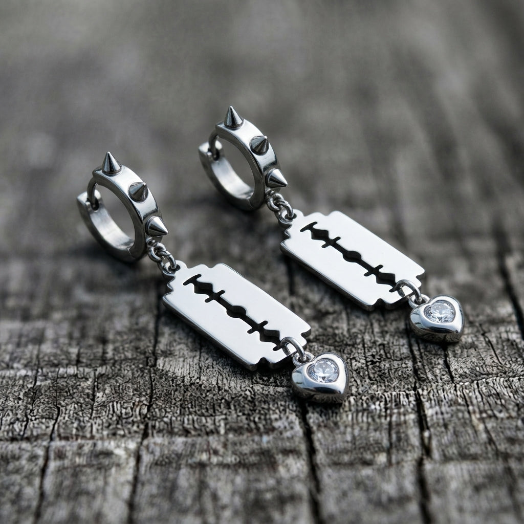 Silver Razor Blade Crystal Heart Spiked Huggie Earrings