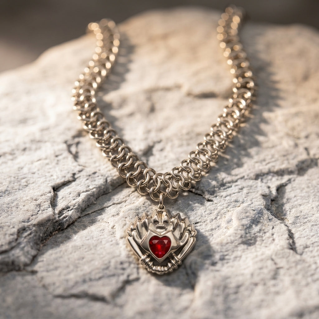 Red Crystal Sacred Heart Chainmaille Necklace