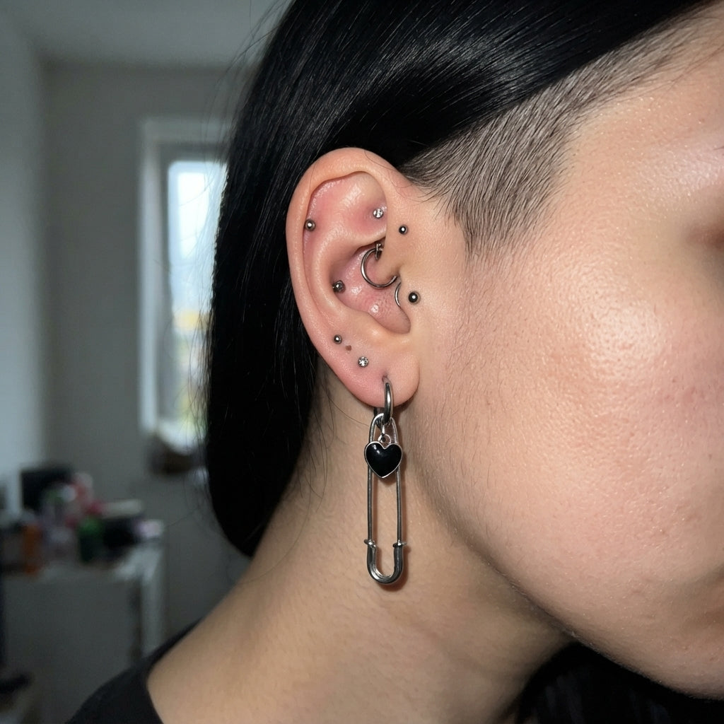 Mismatched Safety Pin Black Cross & Heart Earrings