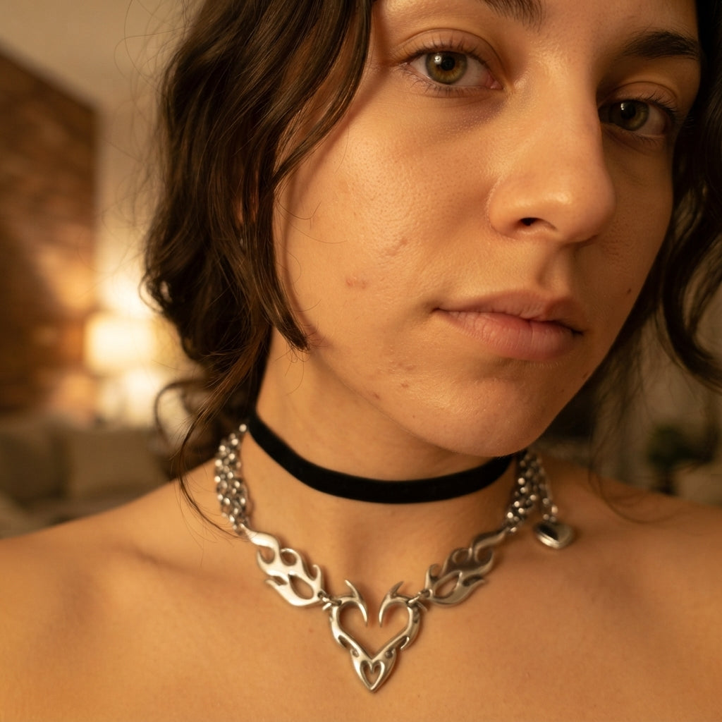 Tribal Flame Heart Double Rolo Chain Choker Necklace