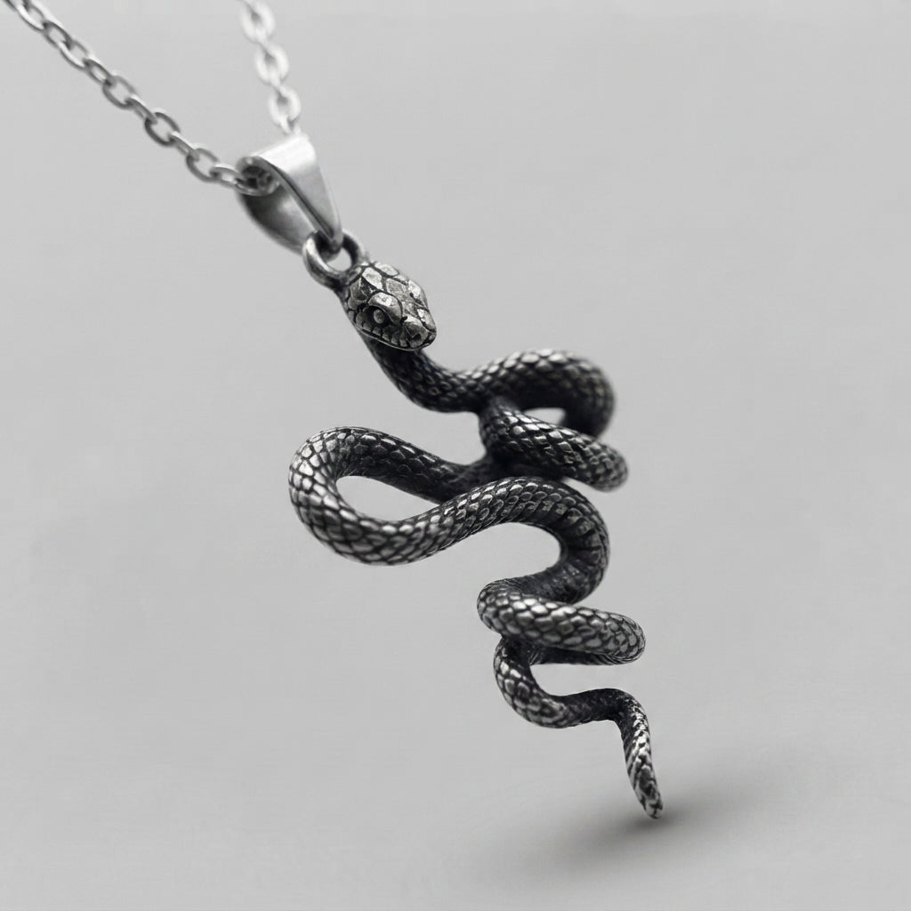 Oxidized Silver Snake Pendant Necklace