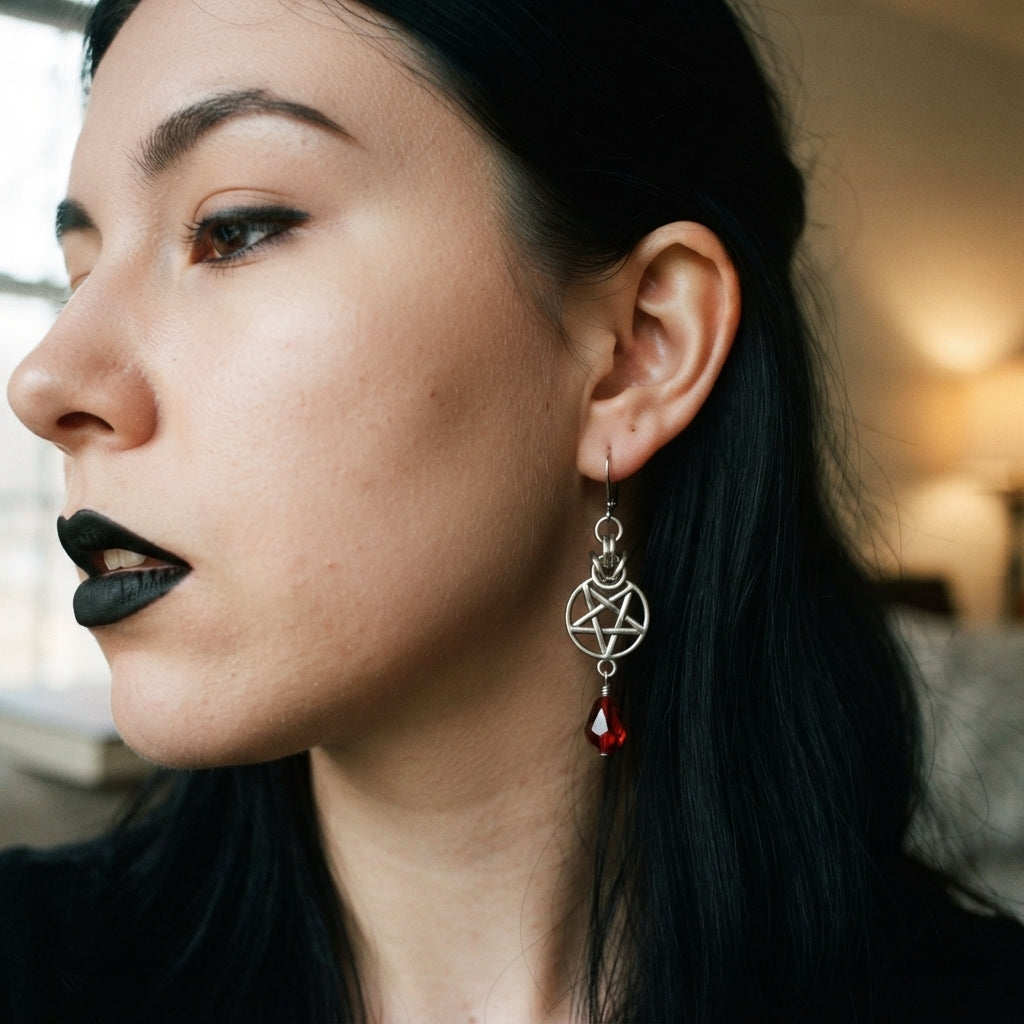 Blood Red Teardrop Pentagram Chainmaille Earrings