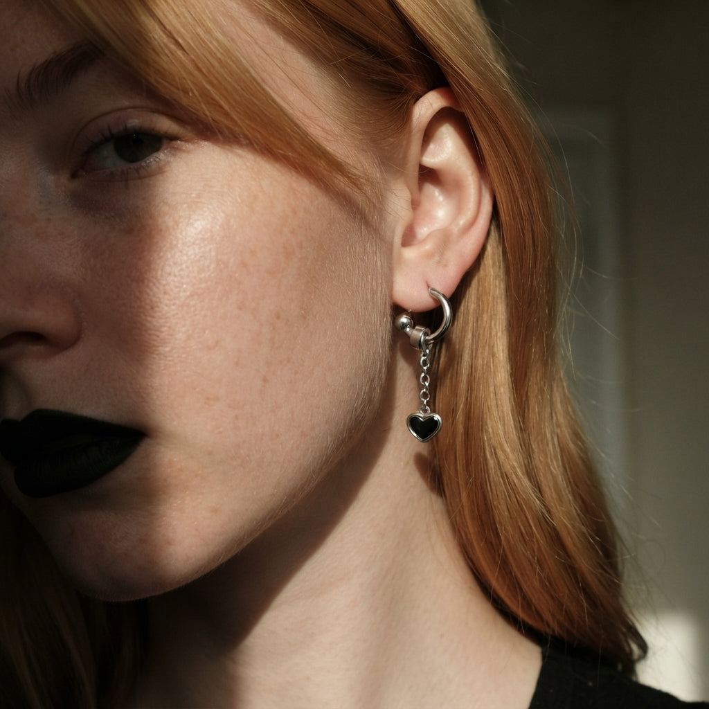 Black Enamel Heart Chain Drop C-Hoop Earrings