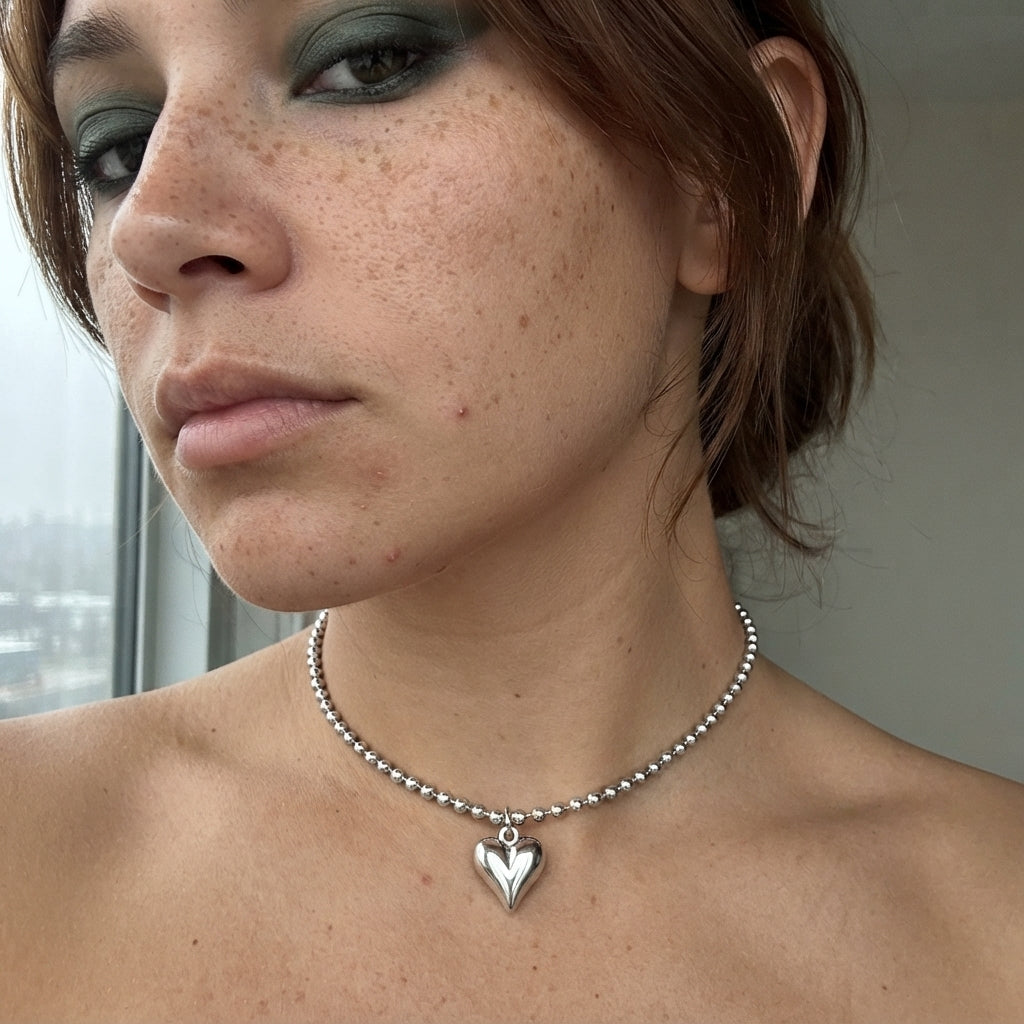 Puffy Heart Pendant Silver Bead Chain Necklace