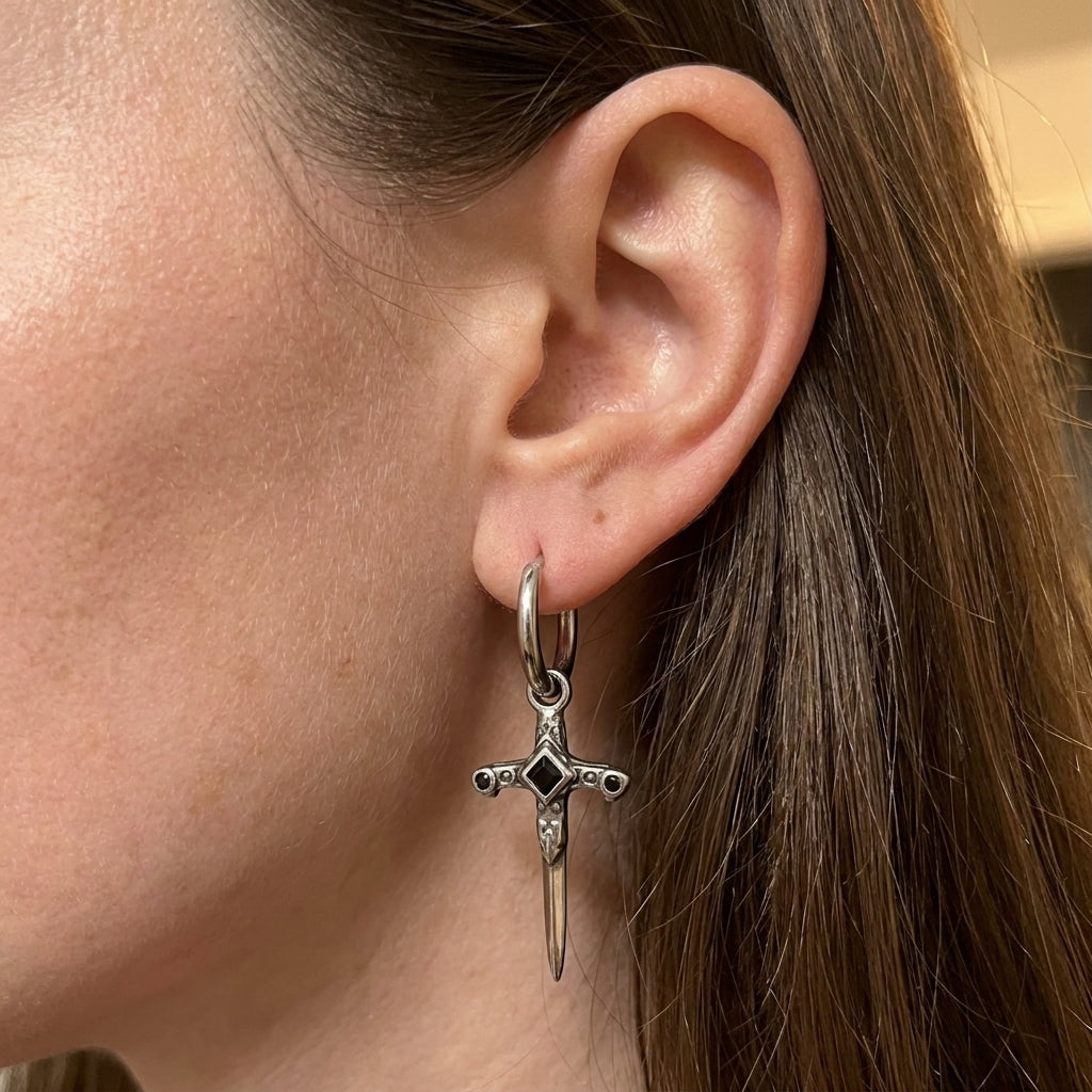 Veilborn Sanctum Dagger Drop Hoop Earrings