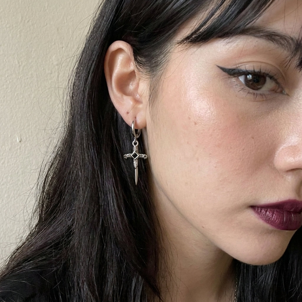 Veilborn Sanctum Dagger Drop Hoop Earrings
