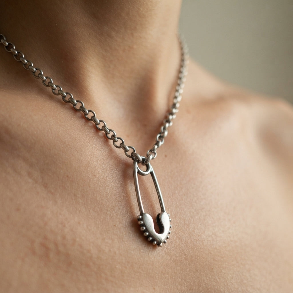 Safety Pin Pendant Rolo Chain Necklace