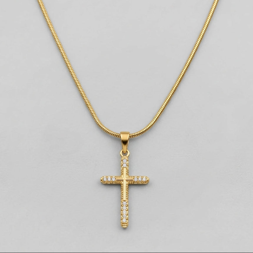 Gold Crystal-Tipped Ribbed Cross Snake Chain Necklace