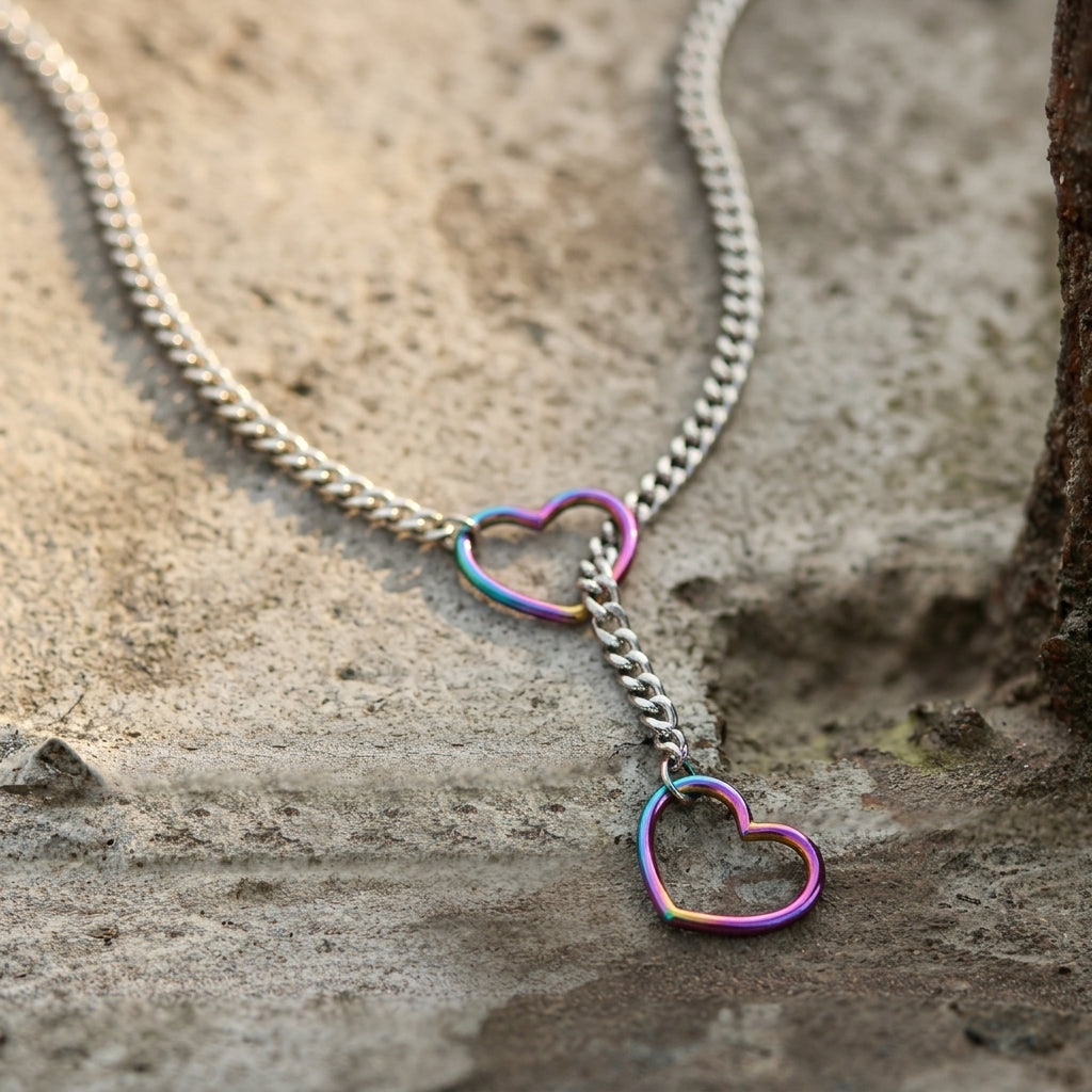 Rainbow Double Heart Ring Lariat Curb Chain Necklace