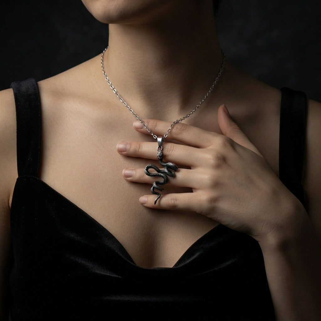 Oxidized Silver Snake Pendant Necklace