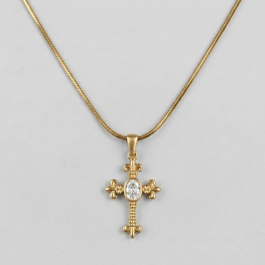 Gold Fleur-de-Lis Oval Crystal Cross Snake Chain Necklace