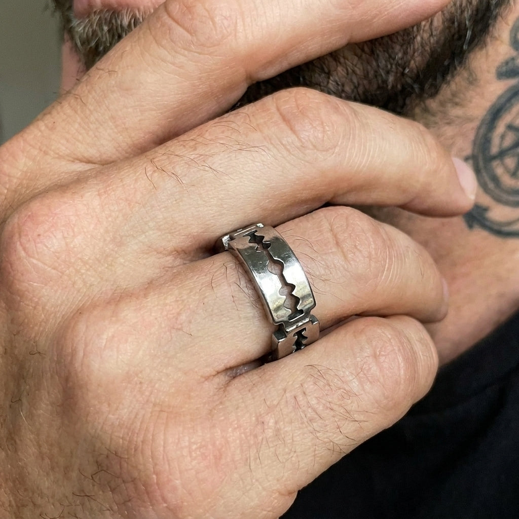 Serrated Blade Cut-Out Silver Band Ring