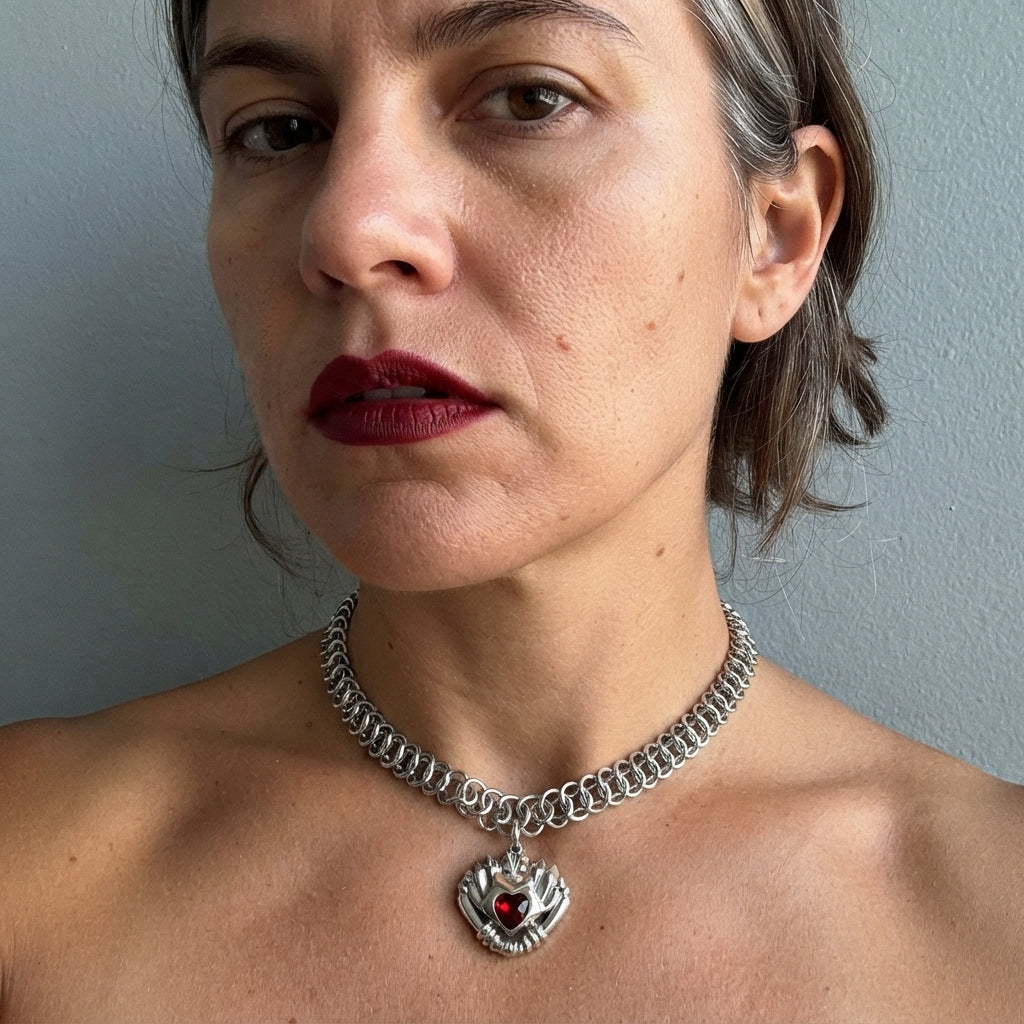 Red Crystal Sacred Heart Chainmaille Necklace
