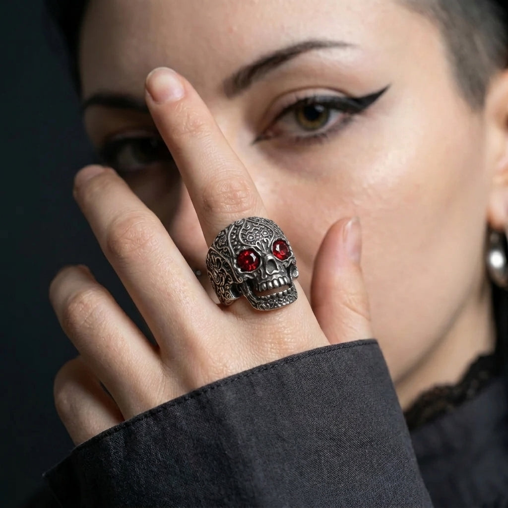 Skull Ring with Red Crystal Eyes