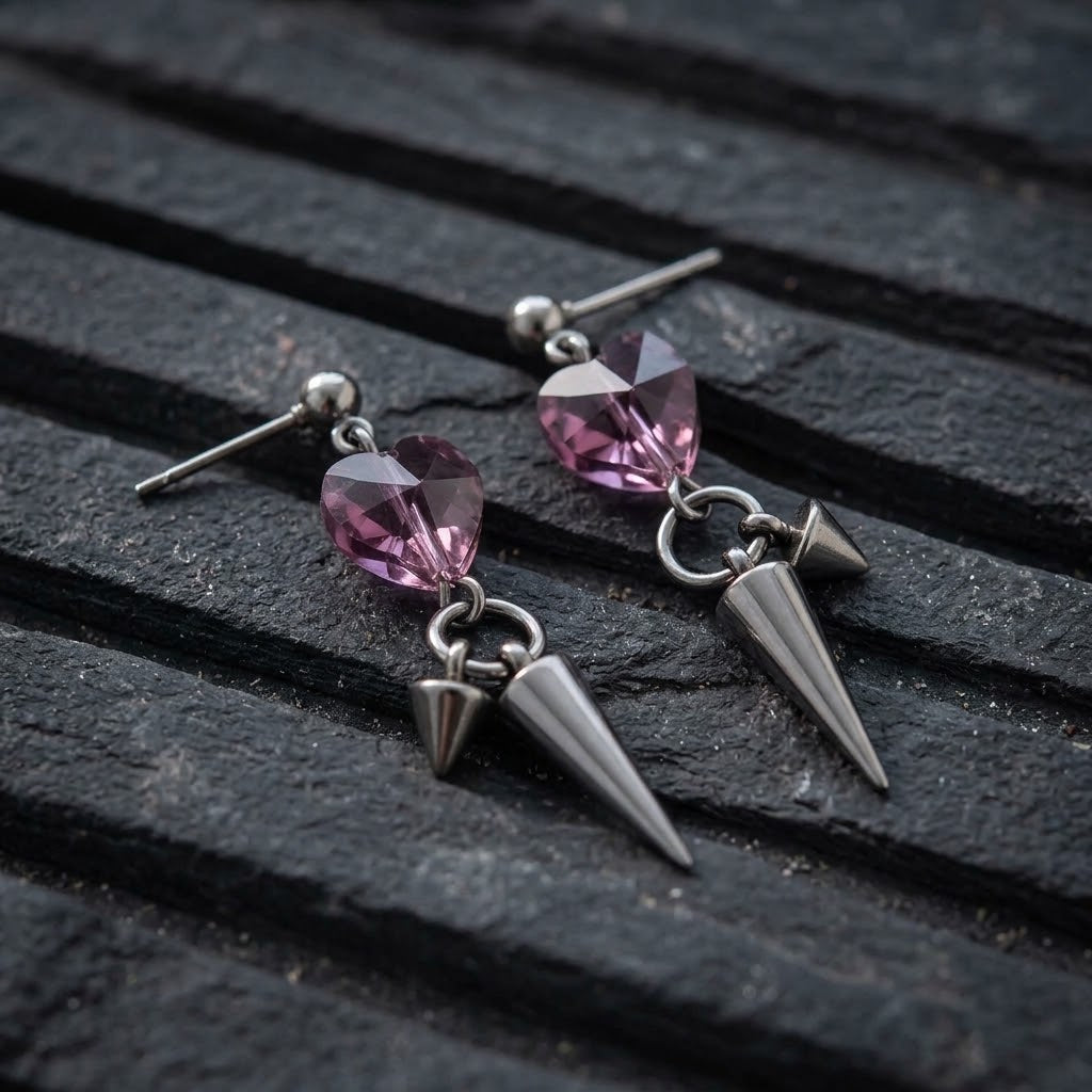 Amethyst Crystal Heart Spike Drop Earrings