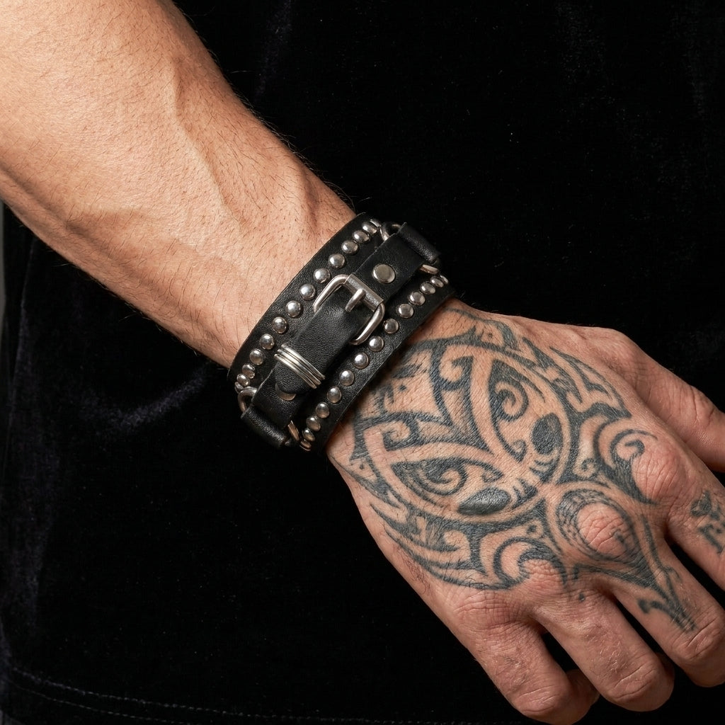 Leren rocker-wikkelarmband