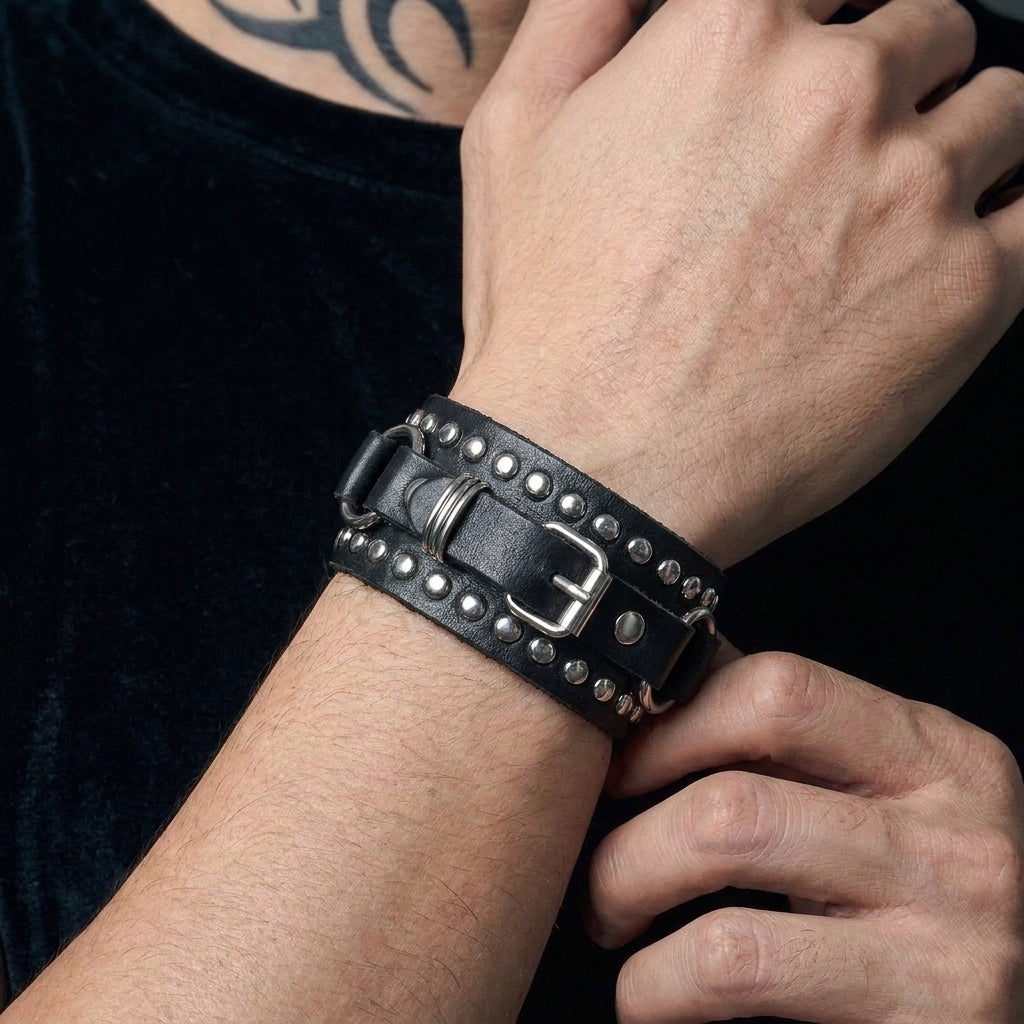Leren rocker-wikkelarmband