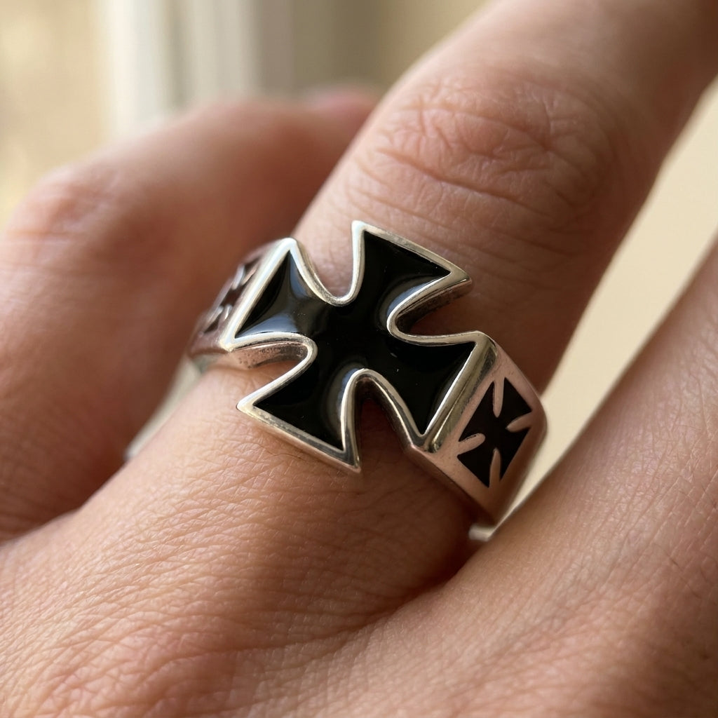 Black Enamel Iron Cross Ring