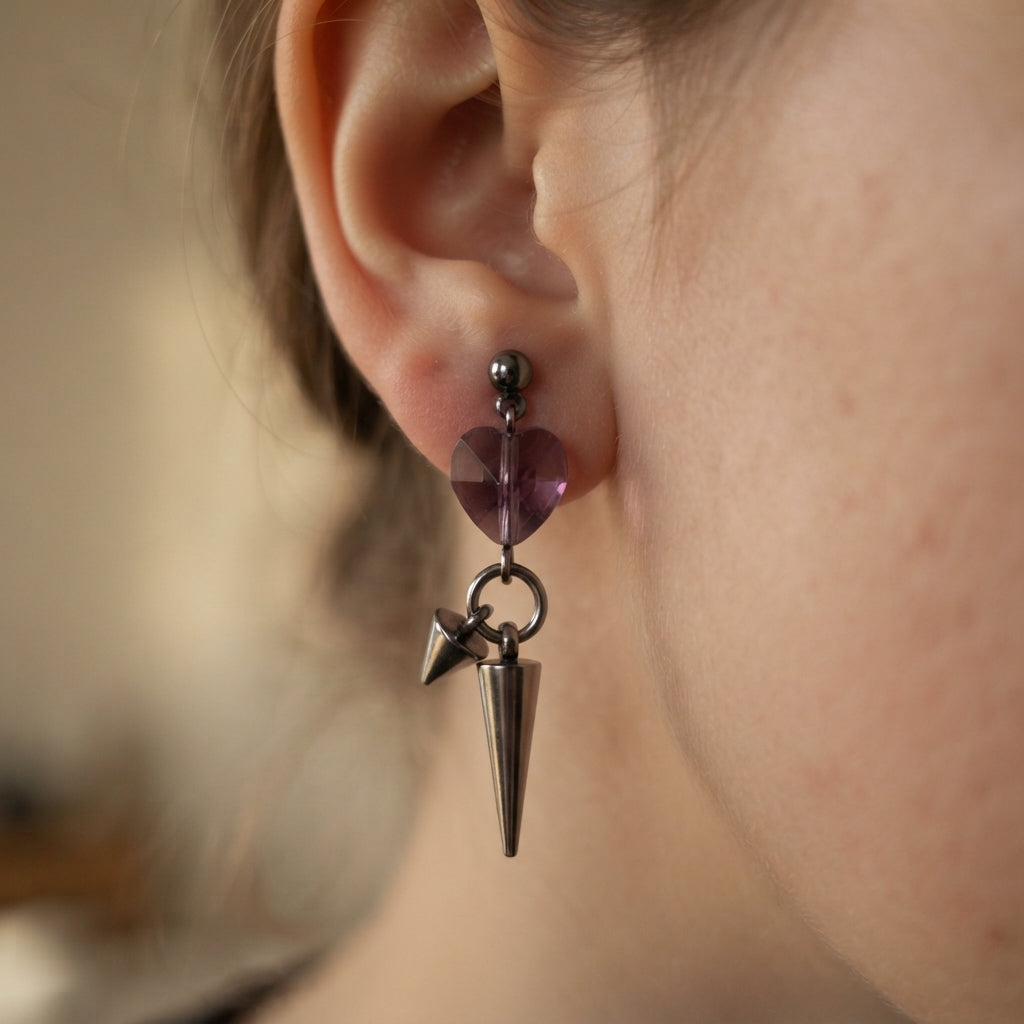 Amethyst Crystal Heart Spike Drop Earrings