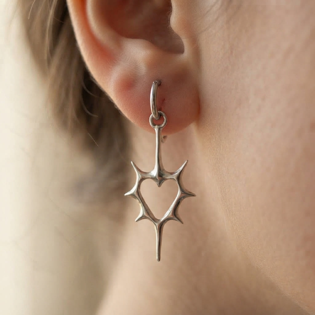Thorned Heart Spike Drop Hoop Earrings