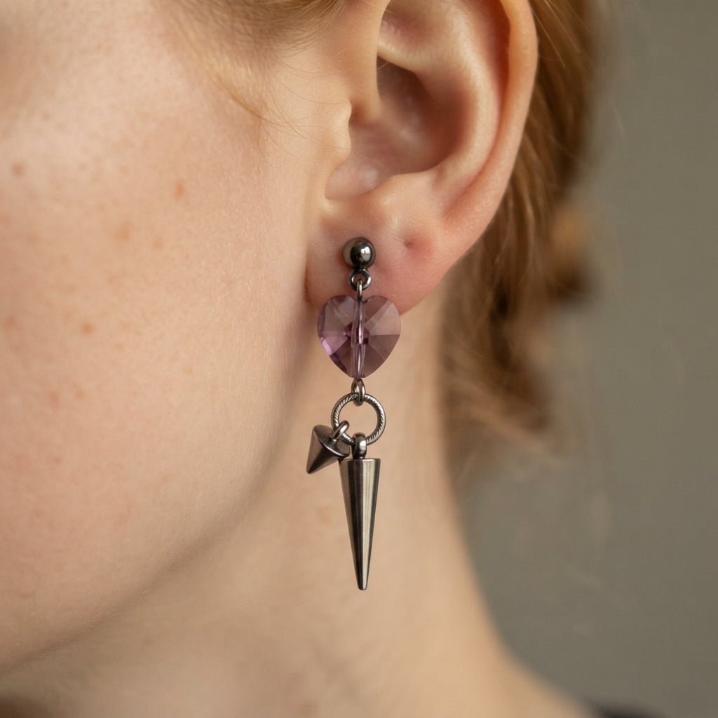 Amethyst Crystal Heart Spike Drop Earrings