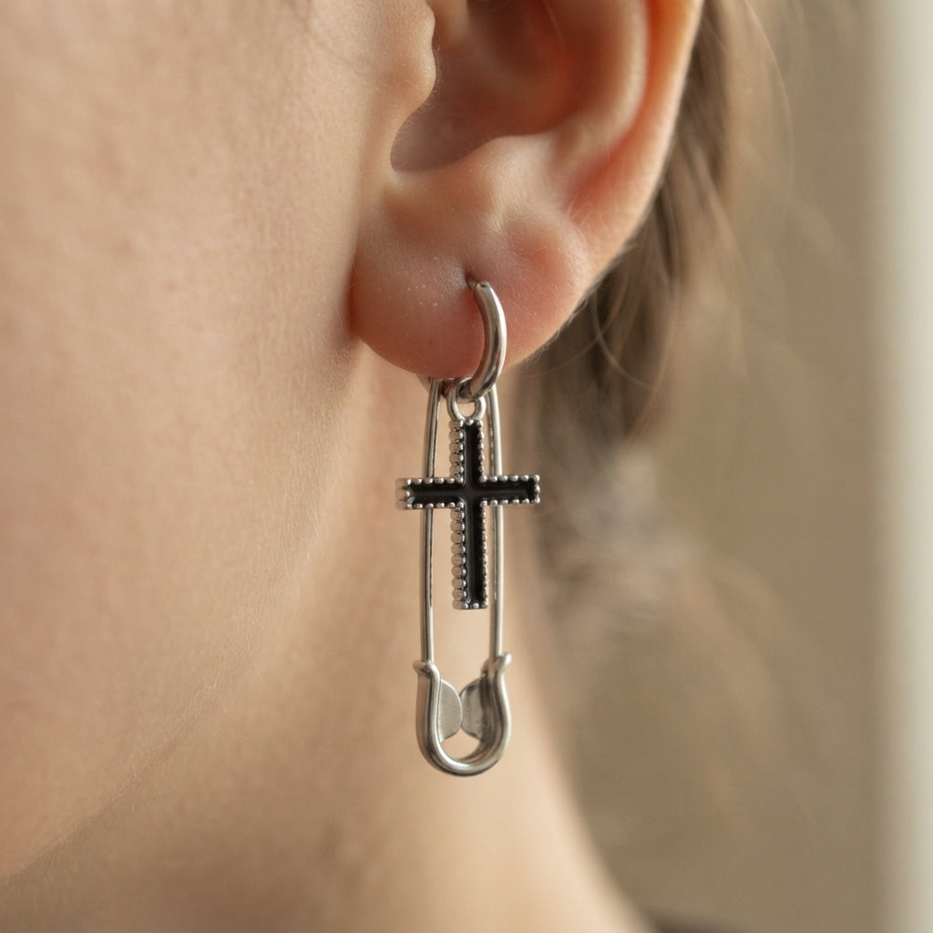 Mismatched Safety Pin Black Cross & Heart Earrings