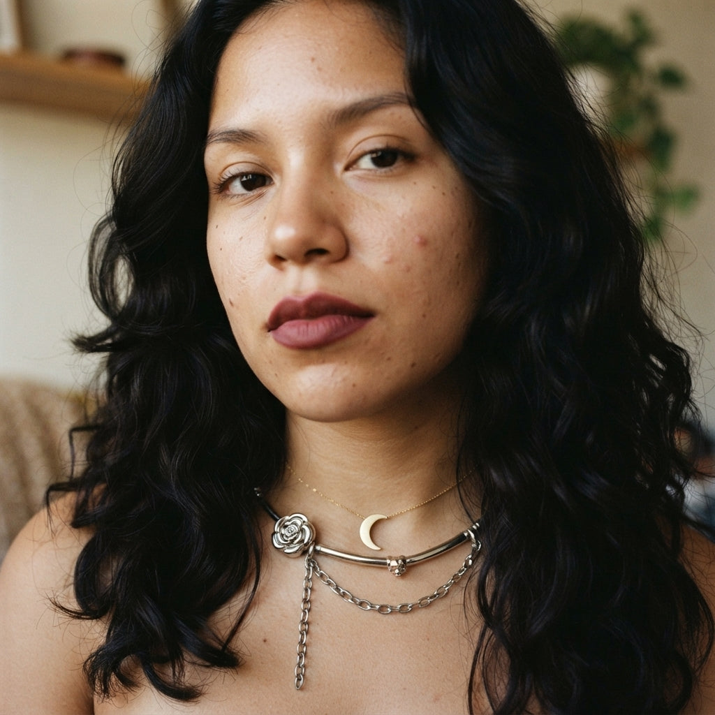 Silver Rose Draped Chain Collar Necklace