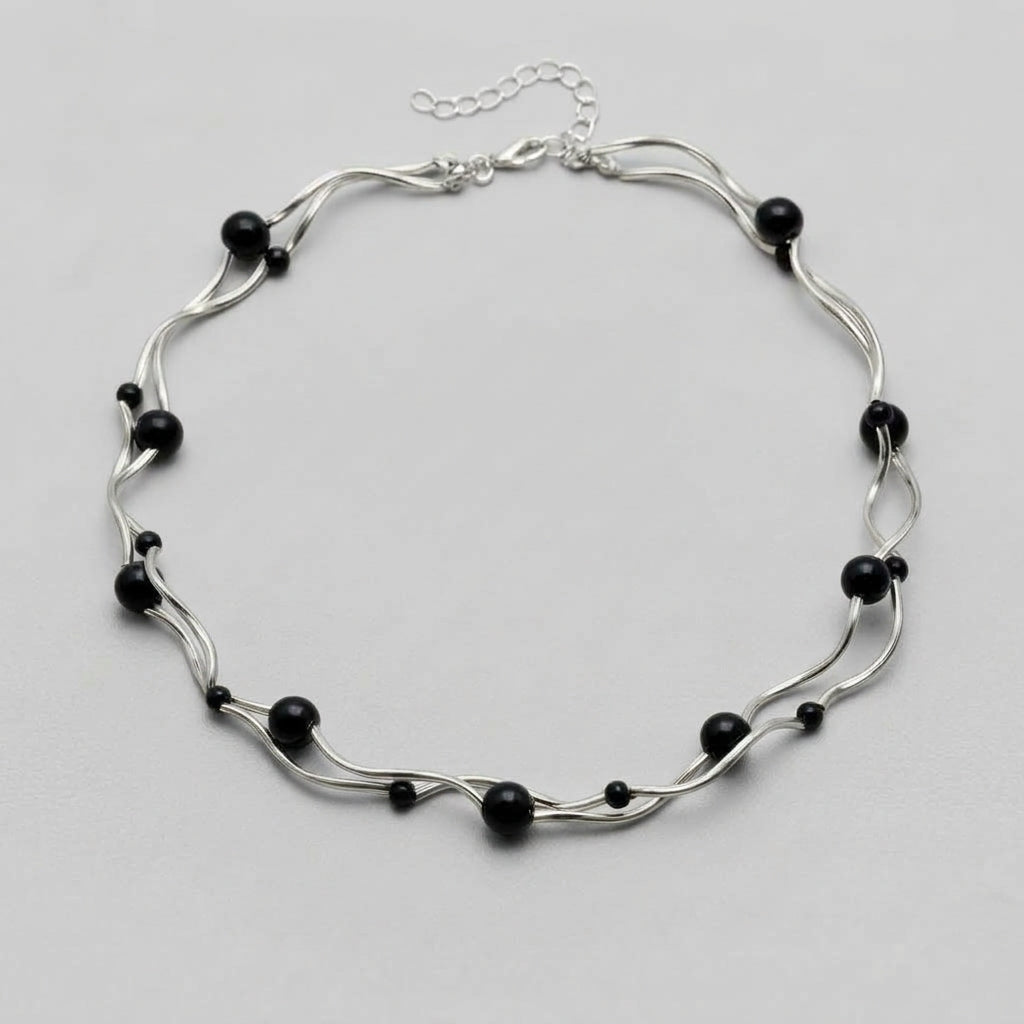 Twisted Bar & Black Bead Choker Necklace