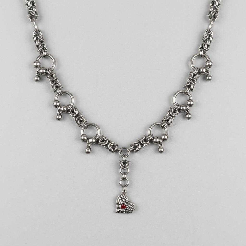 Red Crystal Winged Heart Byzantine Barbell Necklace