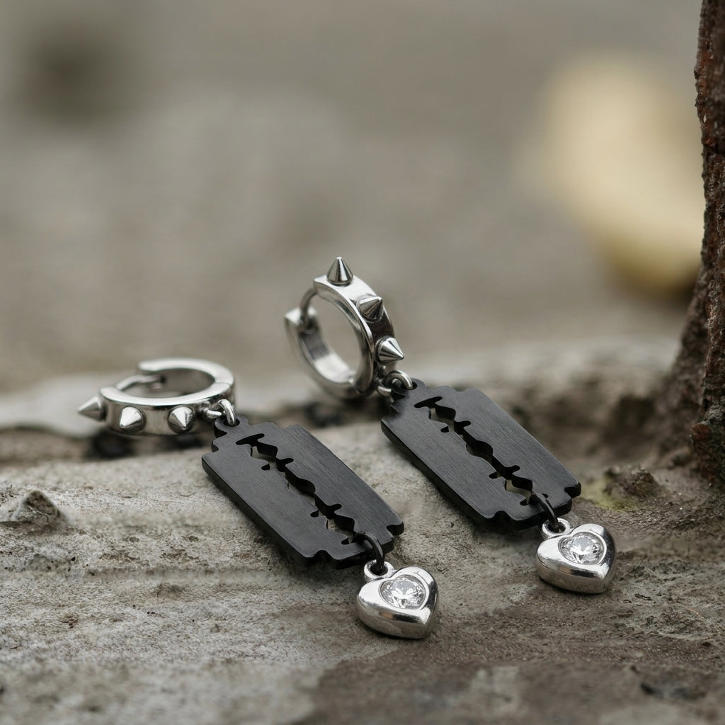 Black Razor Blade Crystal Heart Spiked Huggie Earrings