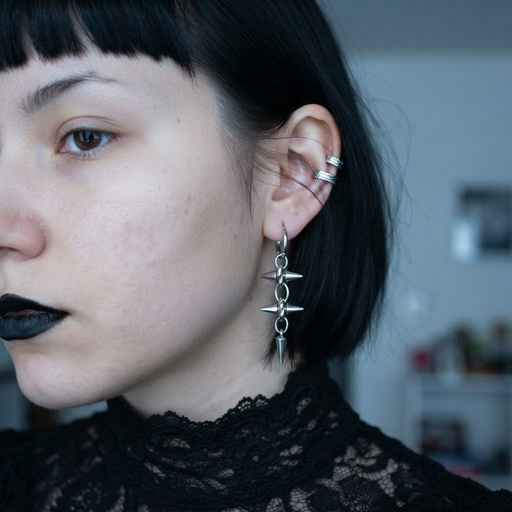 Double Spike Twisted Ring Drop Hoop Earrings