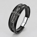 Men's Black Leather Braid Rose Vine Cross Clasp Bracelet