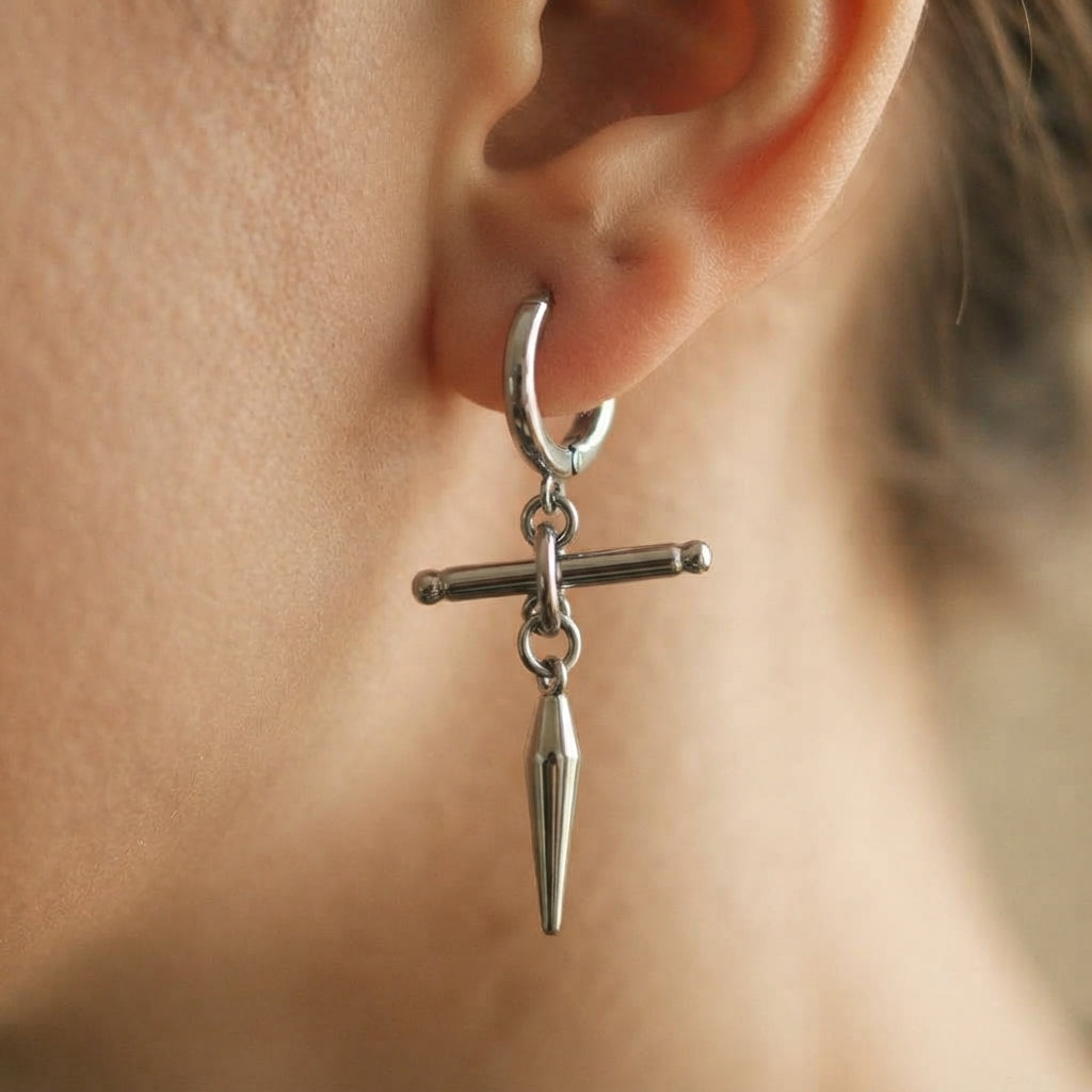 Gunmetal Mismatched Barbell & Spike Huggie Earrings