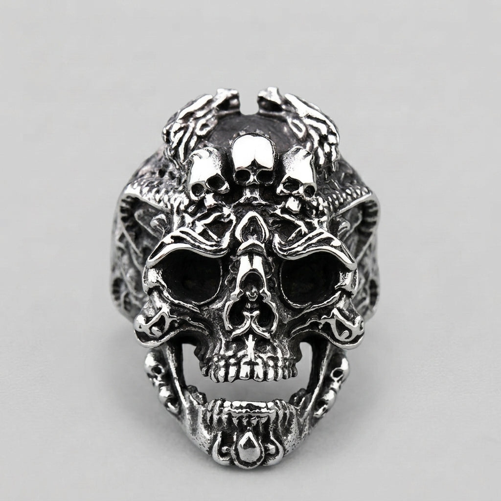 Skull Ring with Ornate Dragon and Filigree Detail