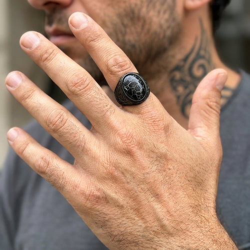Black Marble Oval Cabochon Signet Ring