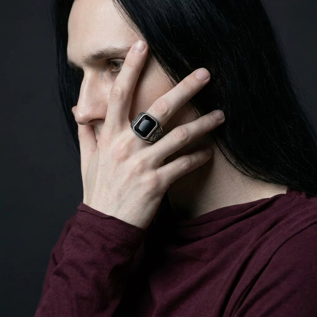 Signet Ring with Black Gemstone and Engraved Symbol