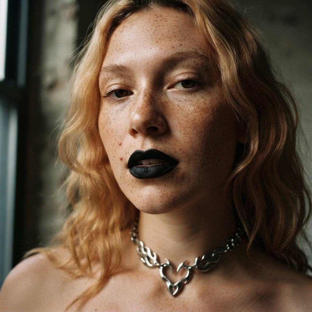 Tribal Flame Heart Double Rolo Chain Choker Necklace