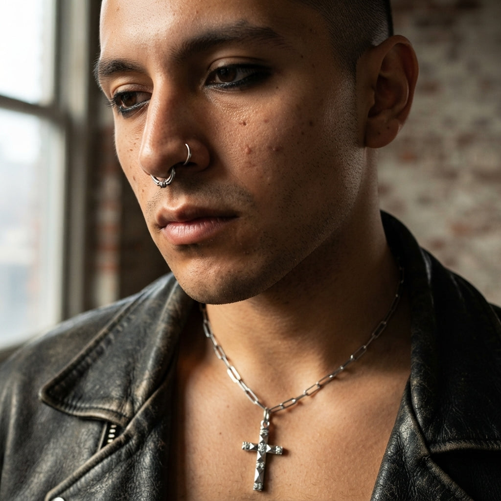Antiqued Studded Pyramid Cross Paperclip Chain Necklace