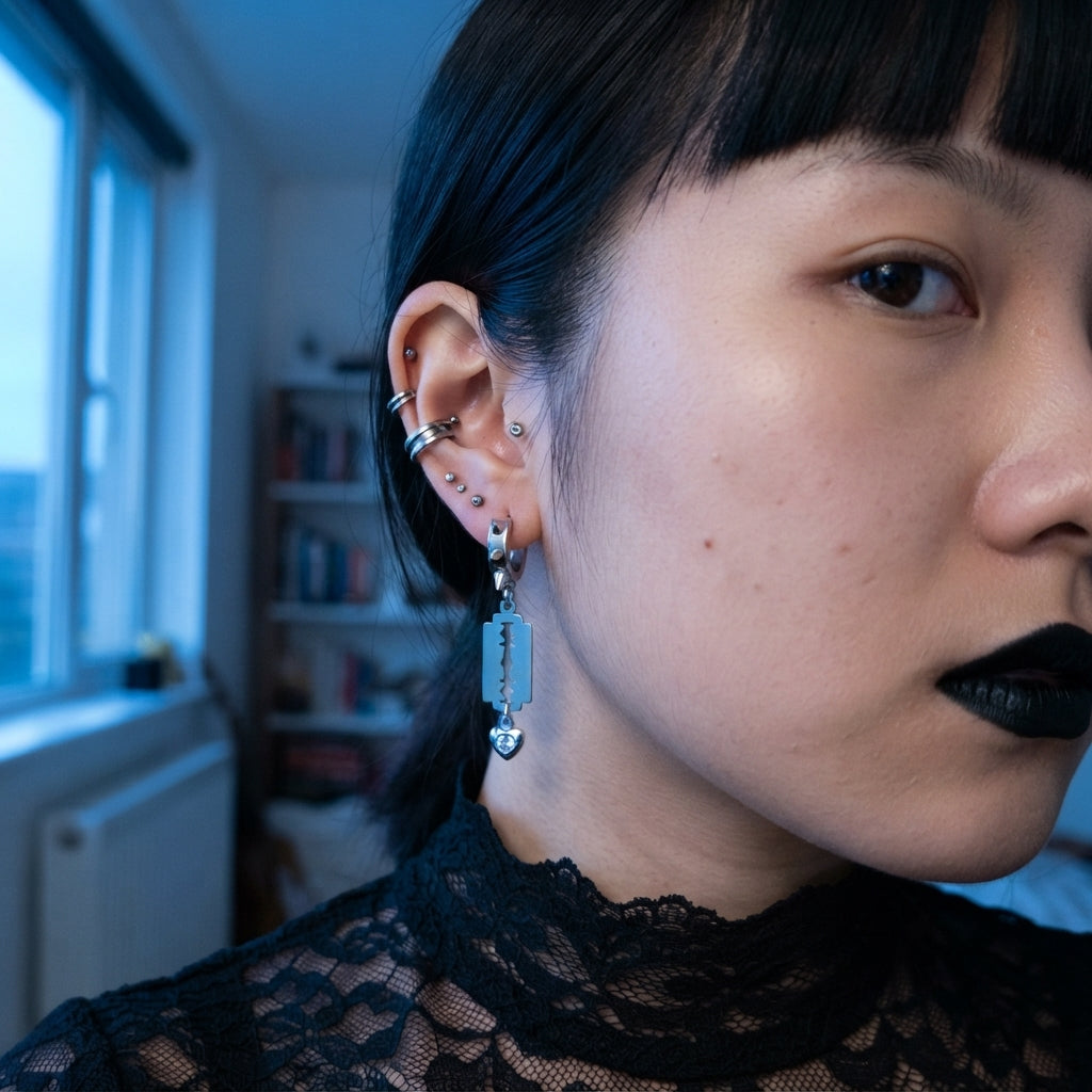 Silver Razor Blade Crystal Heart Spiked Huggie Earrings