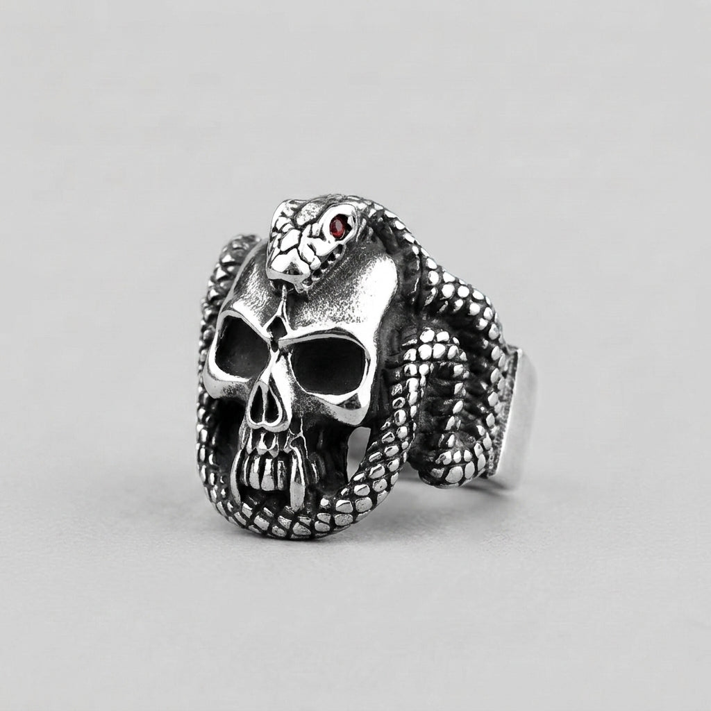 Snake and Skull Ring with Red Crystal Eyes