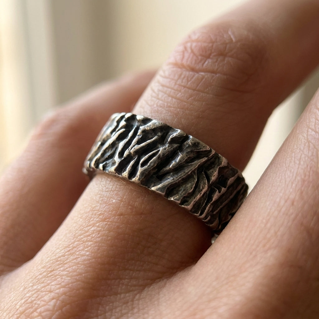 Rugged Bark Texture Band Ring