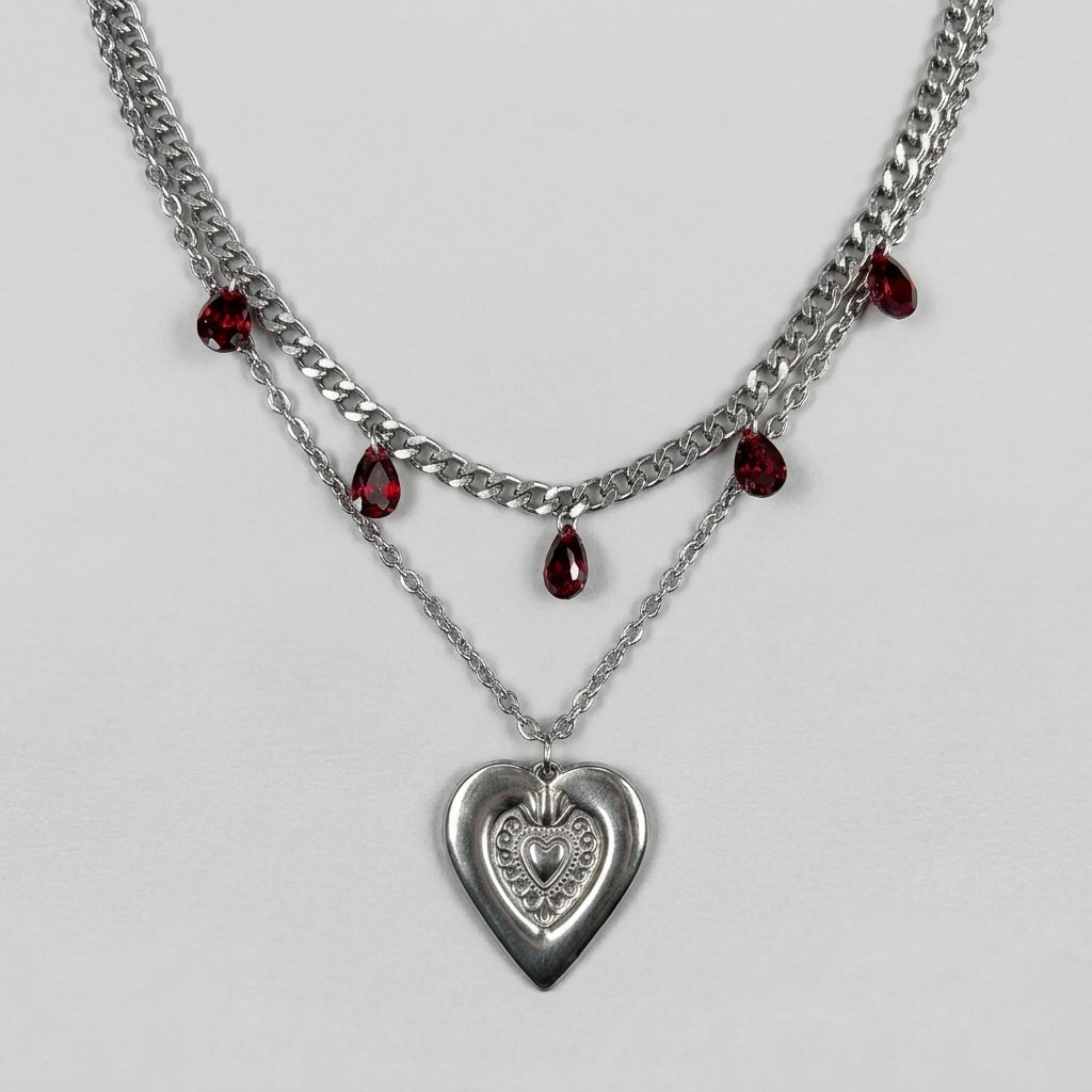 Blood Red Teardrop Sacred Heart Layered Chain Necklace