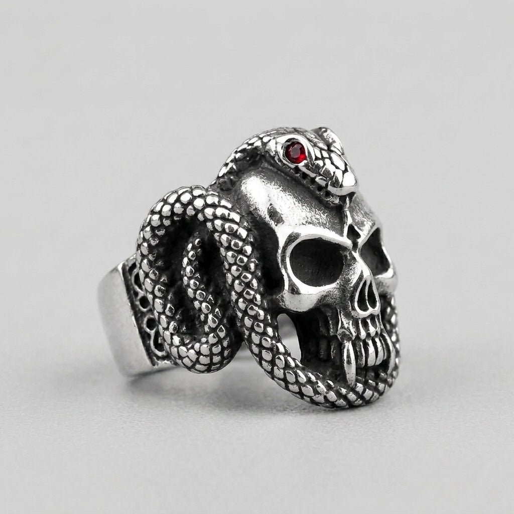 Snake and Skull Ring with Red Crystal Eyes