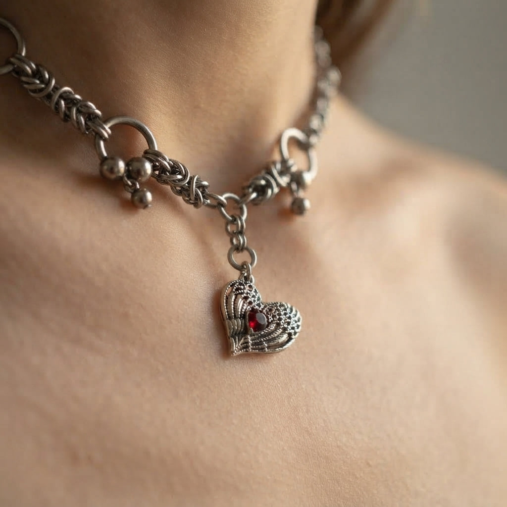 Red Crystal Winged Heart Byzantine Barbell Necklace