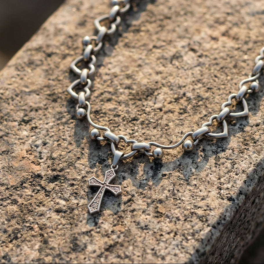 Heart Link & Engraved Cross Choker Necklace